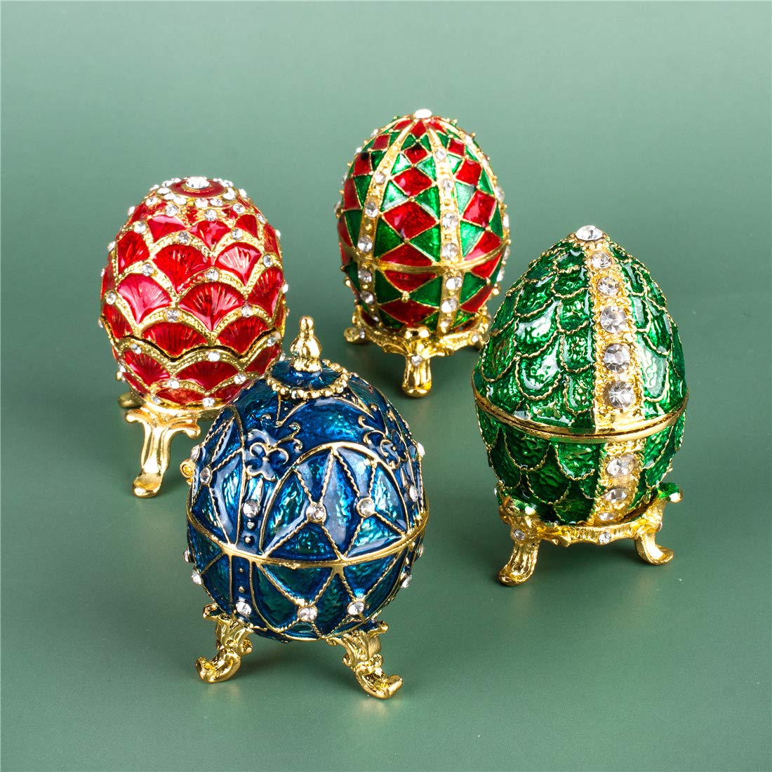 YU FENG Faberge Style Egg Shaped Trinket Box Hinged Jewelry Ring Holder Collectible Figurine Boxes Crystals