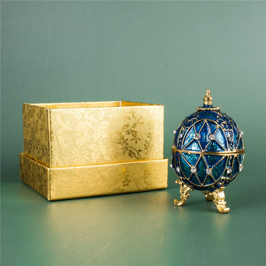 YU FENG Faberge Style Egg Shaped Trinket Box Hinged Jewelry Ring Holder Collectible Figurine Boxes Crystals