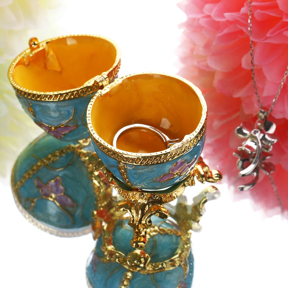 YU FENG Faberge Style Egg Shaped Trinket Box Hinged Jewelry Ring Holder Collectible Figurine Boxes Crystals
