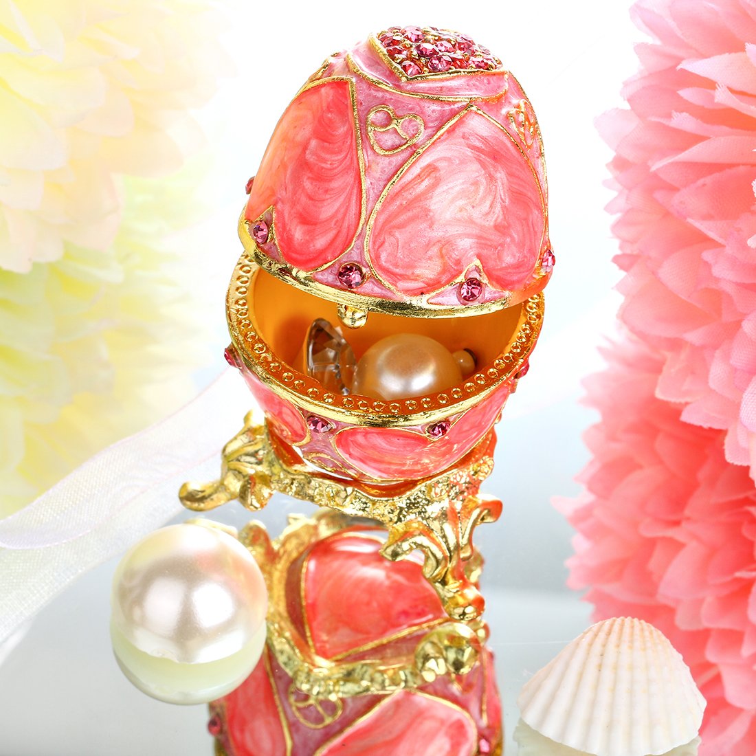 YU FENG Faberge Style Egg Shaped Trinket Box Hinged Jewelry Ring Holder Collectible Figurine Boxes Crystals