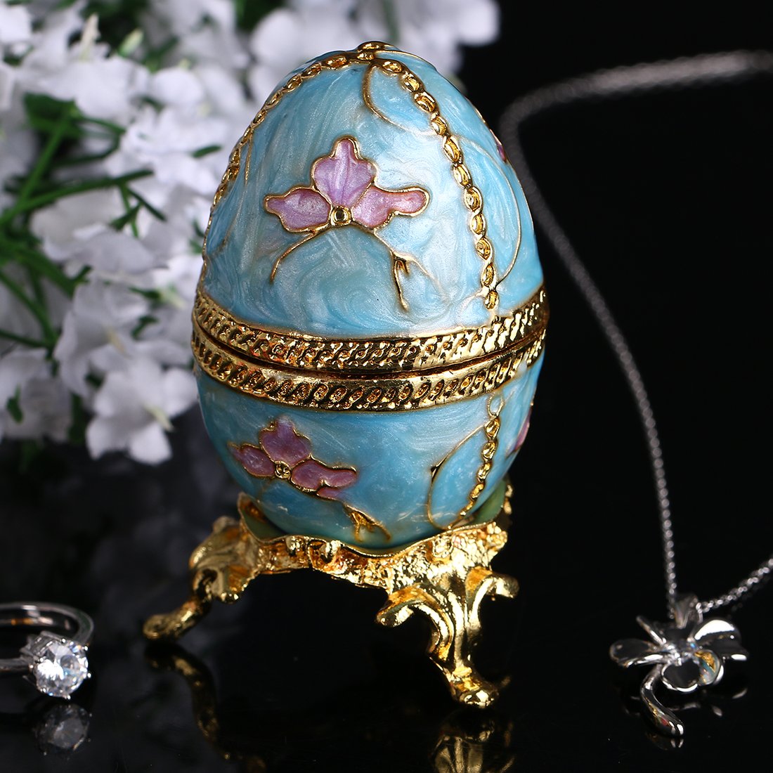 YU FENG Faberge Style Egg Shaped Trinket Box Hinged Jewelry Ring Holder Collectible Figurine Boxes Crystals