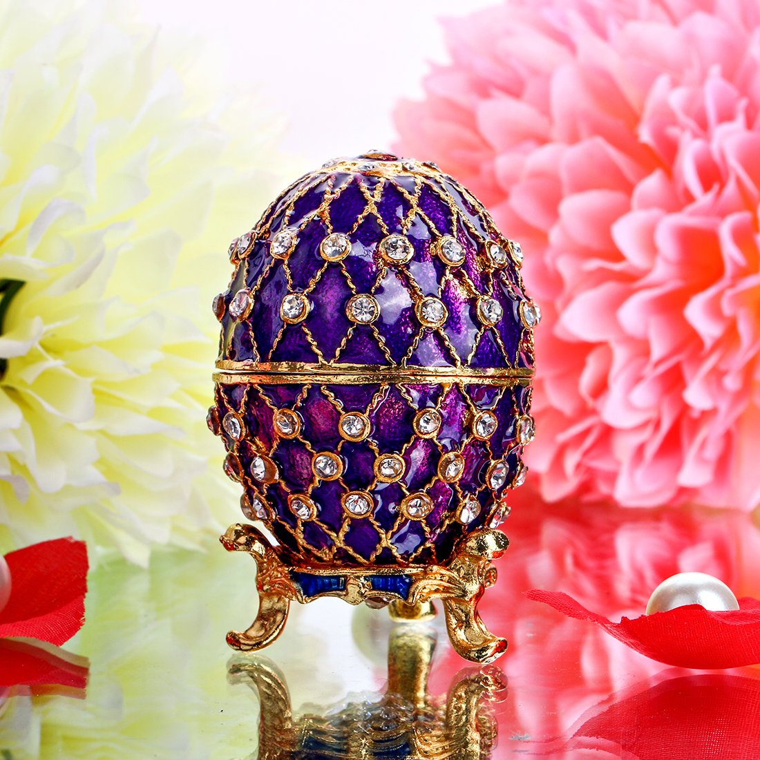 YU FENG Faberge Style Egg Shaped Trinket Box Hinged Jewelry Ring Holder Collectible Figurine Boxes Crystals