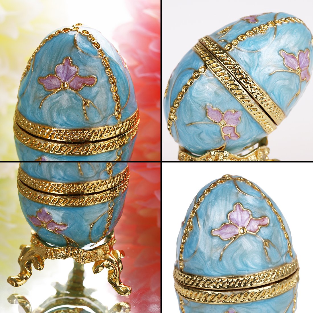 YU FENG Faberge Style Egg Shaped Trinket Box Hinged Jewelry Ring Holder Collectible Figurine Boxes Crystals