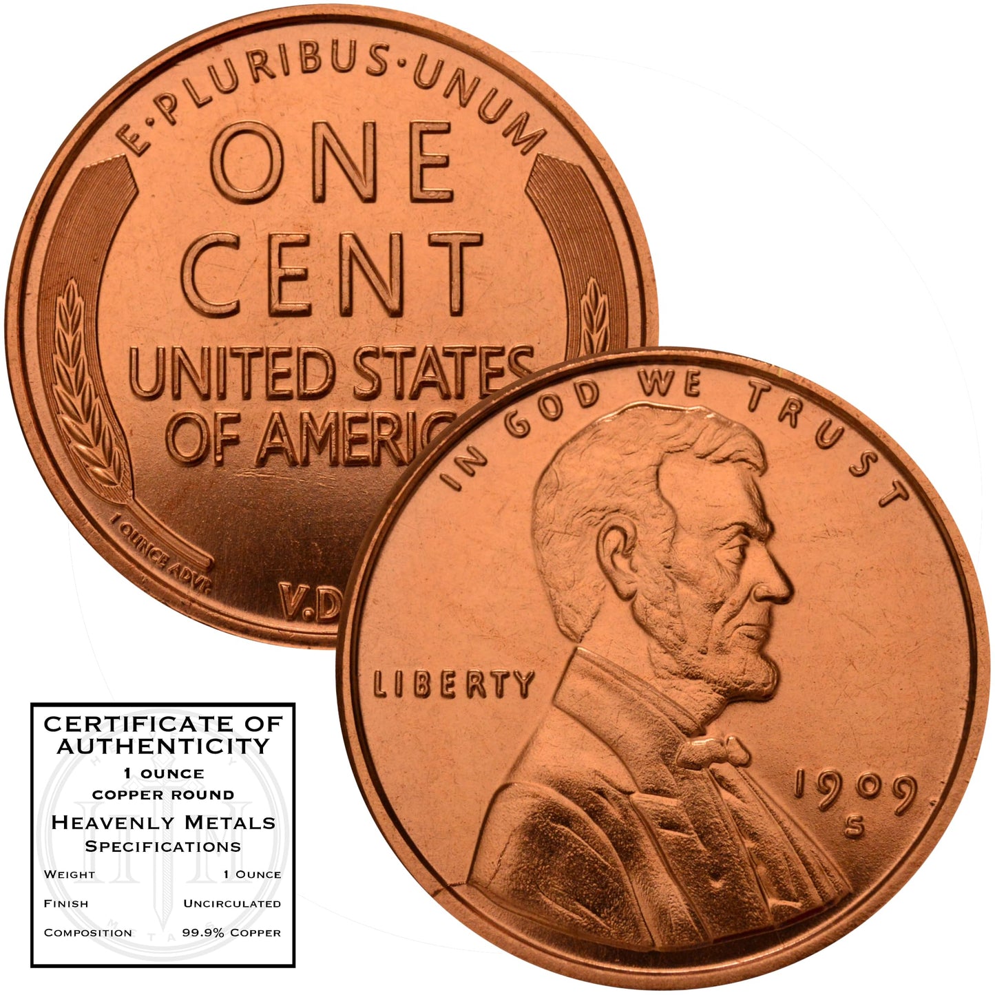 1877 Indian Head Cent Design 1 oz Pure .999 Copper Round Collectible Jumbo 39mm Coin in Capsule - COA by Heavenly Metals